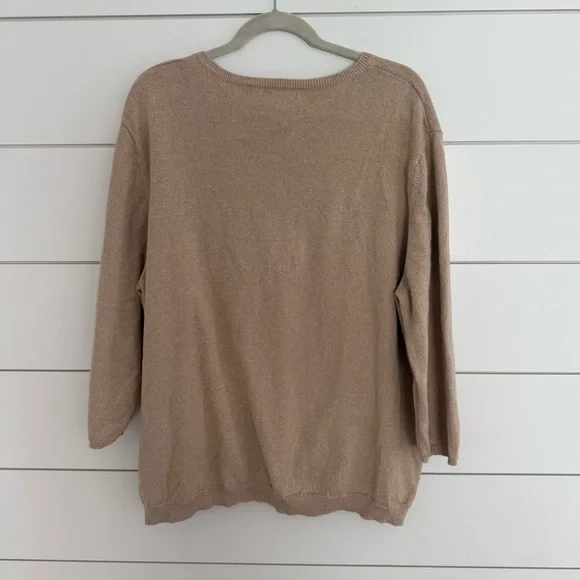 Alfred Dunner 3XL Embroidered Flower Sweater Top 3/4 Sleeve Tan Lightweight - Picture 4 of 5